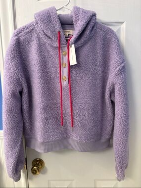 Lavender Sherpa Hoodie with Red Drawcords by Porridge sold at Anthropologie